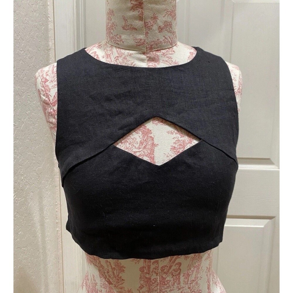 HEVRON Misha Crop Top Linen Sz 0 Black Cut Out Vest Classic Minimalist USA Made